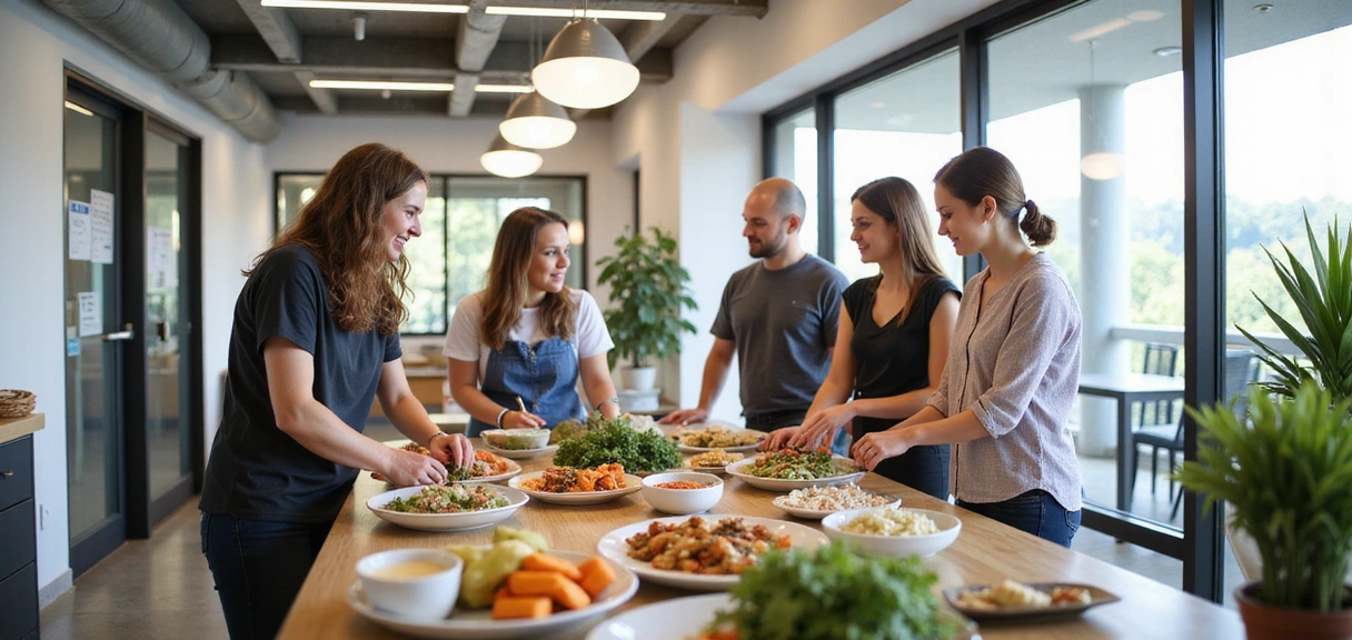 A diverse group of professional nutritionists and wellness coaches collaborating in a bright, modern office space, showcasing teamwork and expertise.