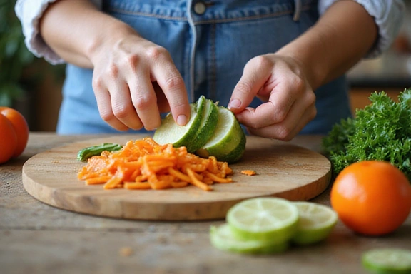 Hands preparing a healthy meal with fresh ingredients on a cutting board