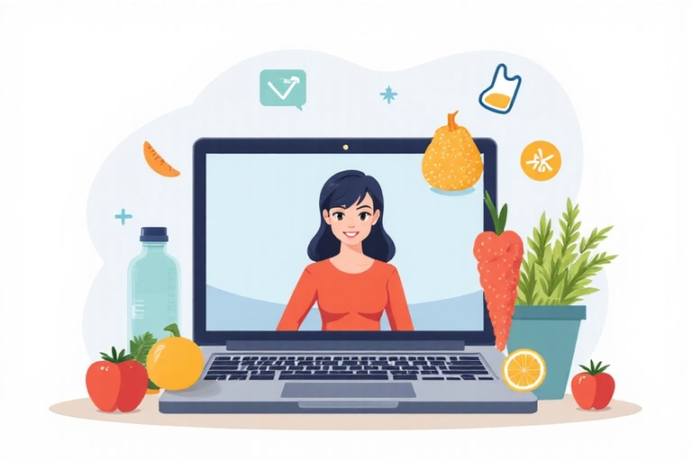 A person using a laptop for an online meeting, depicting an online consultation setup.