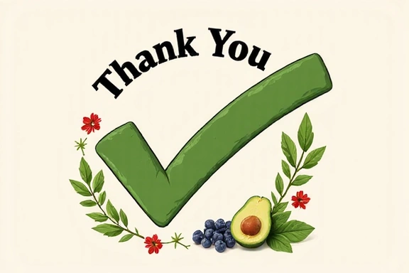 A thank you illustration with a checkmark and healthy food elements.