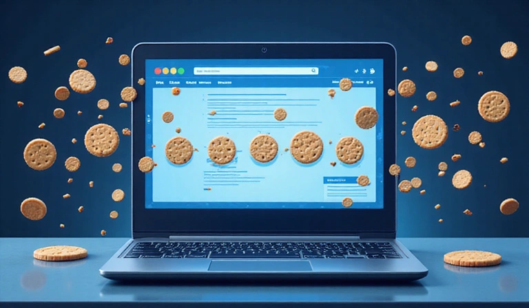 Illustration of various cookies on a computer screen, representing different types of data storage and preferences.