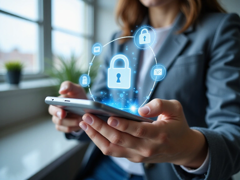 A person's hand holding a smartphone, with privacy icons like a lock and shield floating around it, symbolizing data protection.