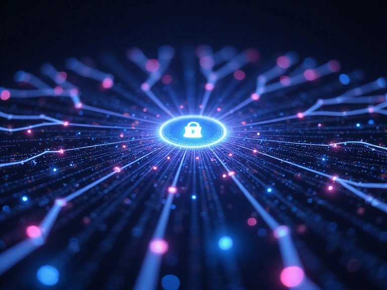 Abstract representation of data flow and security, with glowing lines connecting various nodes, protected by a digital barrier.