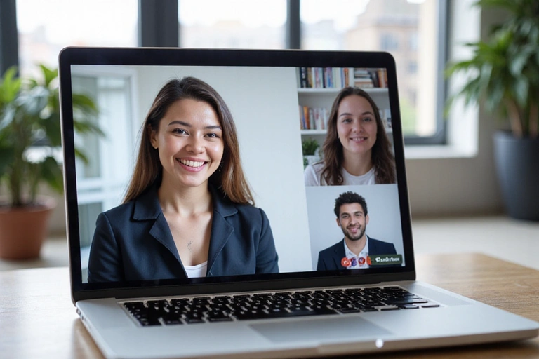 A laptop screen showing a video call in progress with a friendly nutritionist and a client, depicting an online consultation.