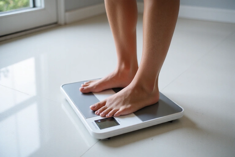 A person with a determined and positive expression weighing themselves on a modern bathroom scale, symbolizing healthy weight management.