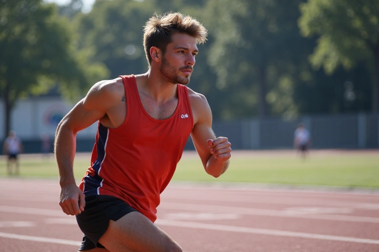 An energetic athlete running on a track, looking focused and powerful.